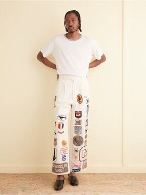 BODE Patch Applique Pants White Cotton Graphic Wide Leg 32 NWT Rare Unisex 🟡